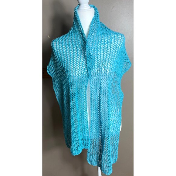 Hand Knitted Scarf Blue Turquoise Open Knit 73" Cotton Spring Bright Womens - Picture 3 of 6